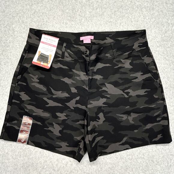 ISAAC MIZRAHI Tailored Shorts Womens 14 Black Gray Camo 5" Flat Frnt Stretch NWT - Picture 1 of 15